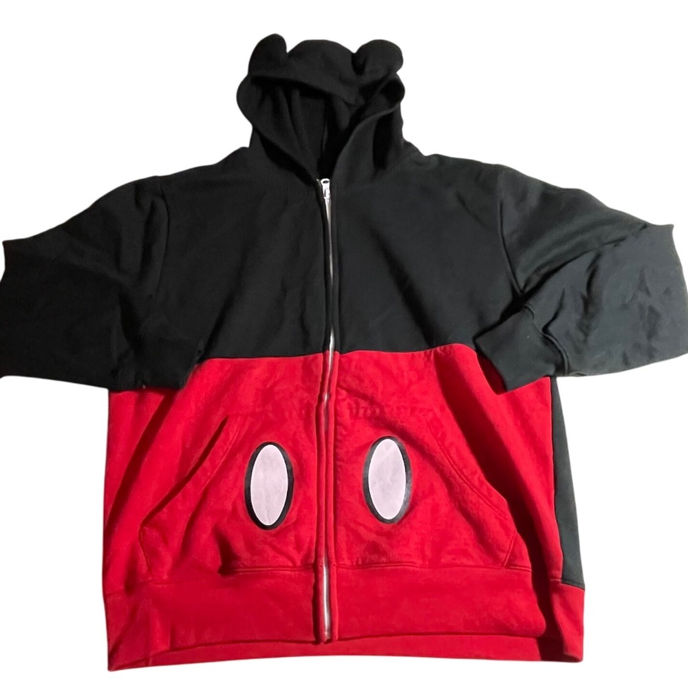 Disney Mickey Mouse Ears Zip Up Hoodie Black Red Pullover‎ Sweatshirt Large